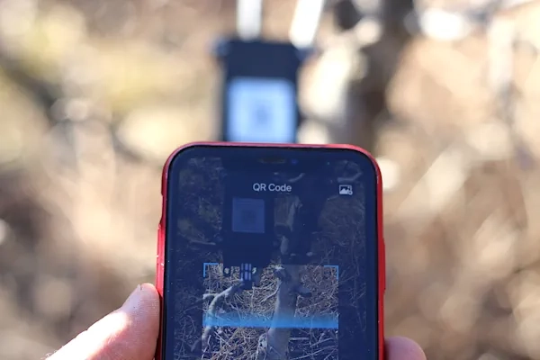 Handy in der Hand mit Feldfühler App scannt QR-Code